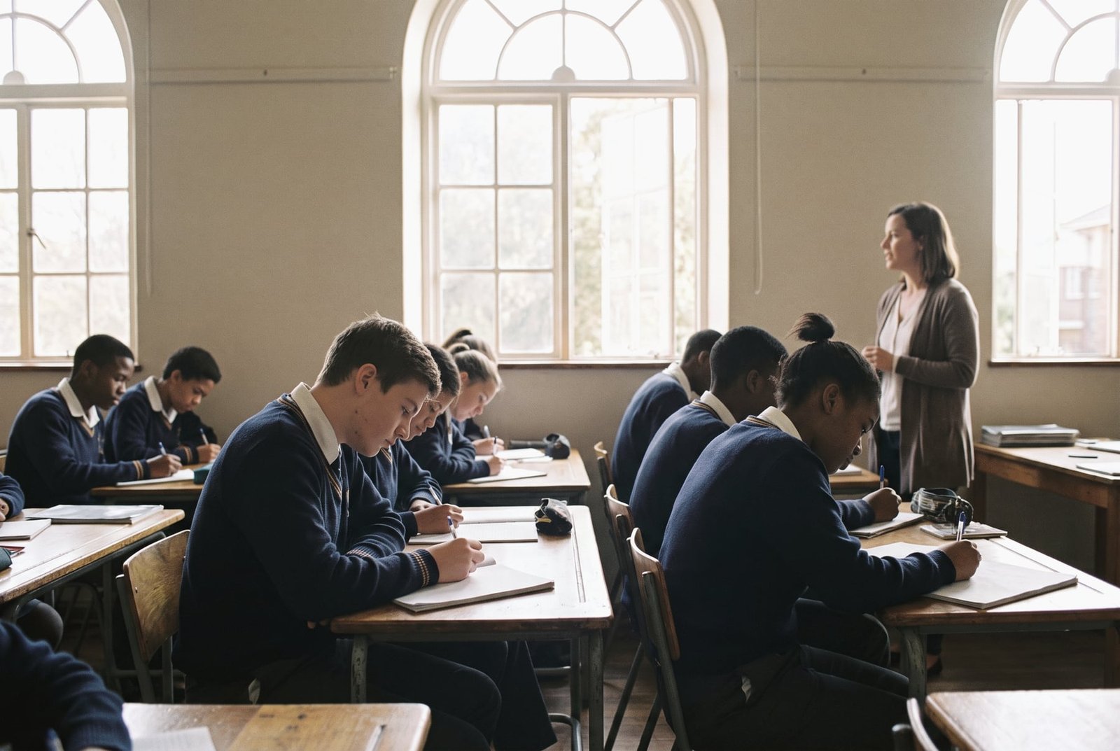 Learners in a sunlit classroom