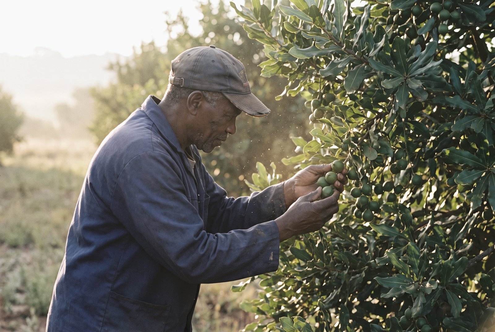Farm worker in a macadamia orchard